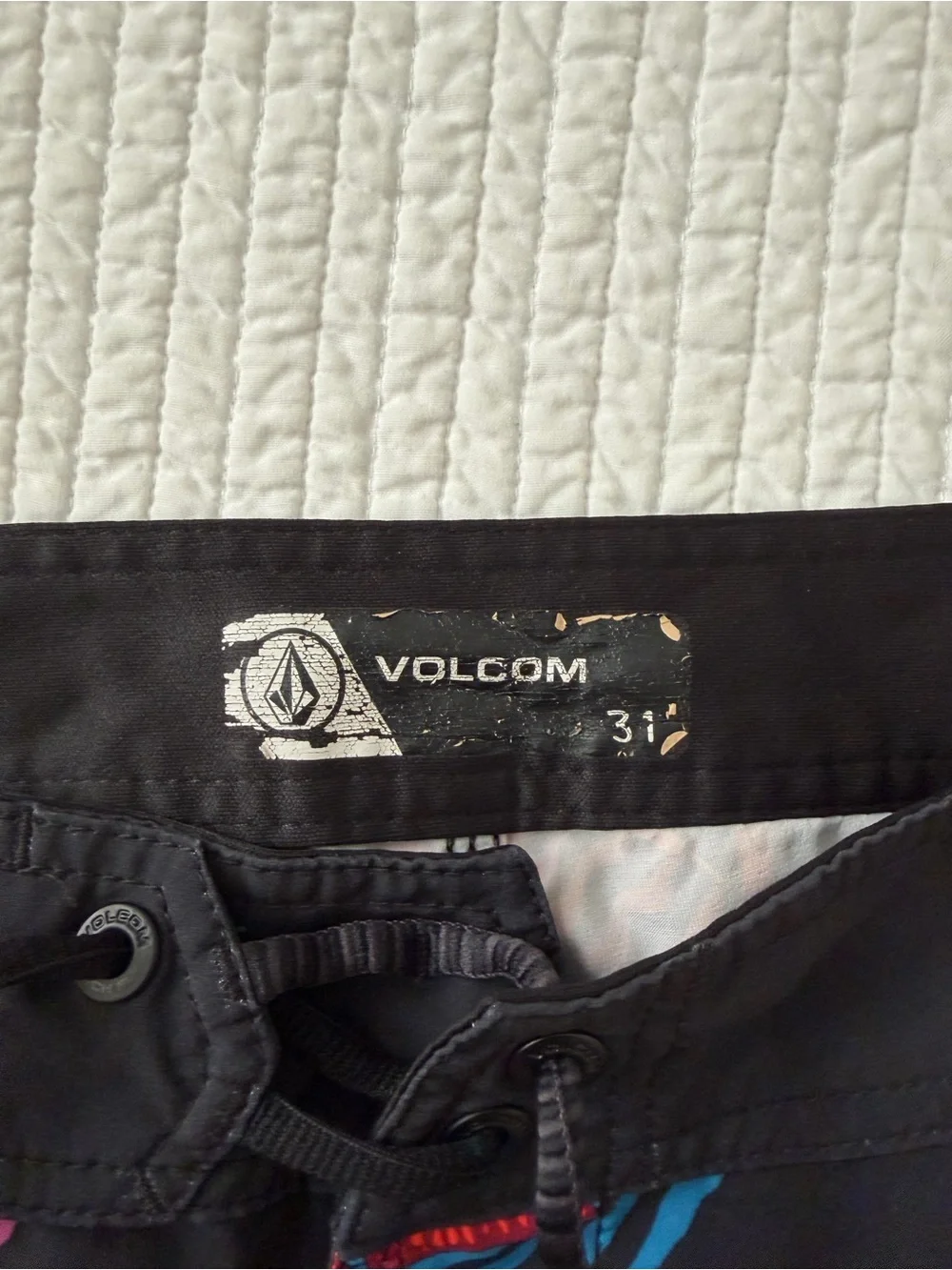 Volcom Black Board Shorts with Red, Pink & Blue Tropical Leaves